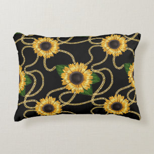 Classy Yellow Sunflowers Stylish Pattern on Black Decorative Cushion