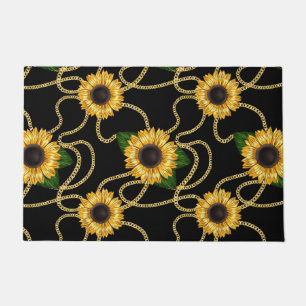 Classy Yellow Sunflowers Stylish Pattern on Black Doormat