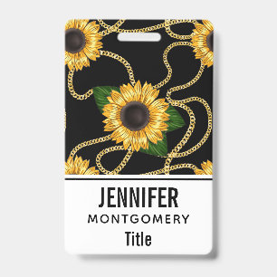 Classy Yellow Sunflowers Stylish Pattern on Black ID Badge