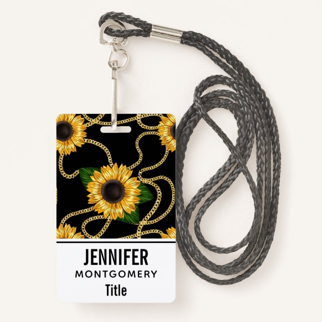 Classy Yellow Sunflowers Stylish Pattern on Black ID Badge (Front with Lanyard)