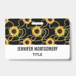 Classy Yellow Sunflowers Stylish Pattern on Black ID Badge
