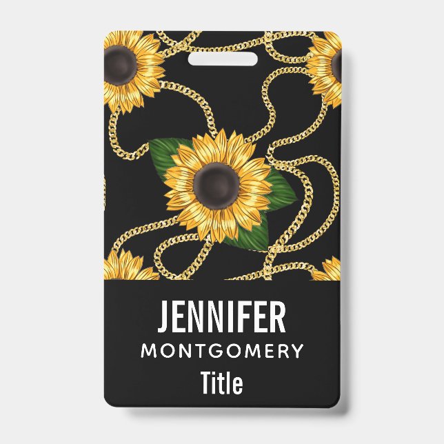 Classy Yellow Sunflowers Stylish Pattern on Black ID Badge (Front)