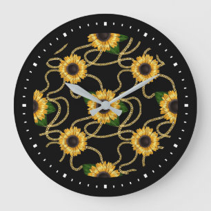 Classy Yellow Sunflowers Stylish Pattern on Black Large Clock
