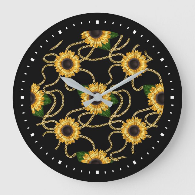 Classy Yellow Sunflowers Stylish Pattern on Black Large Clock (Front)