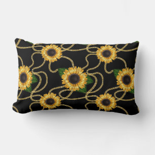 Classy Yellow Sunflowers Stylish Pattern on Black Lumbar Cushion