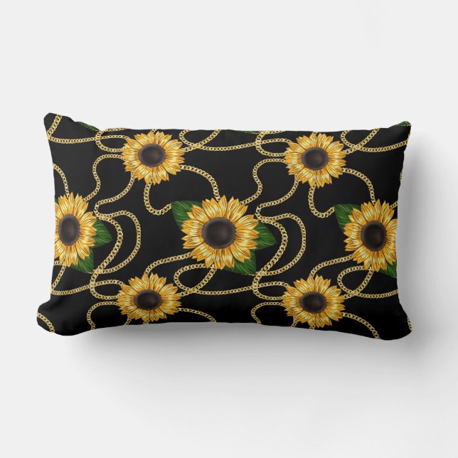 Classy Yellow Sunflowers Stylish Pattern on Black Lumbar Cushion (Front)