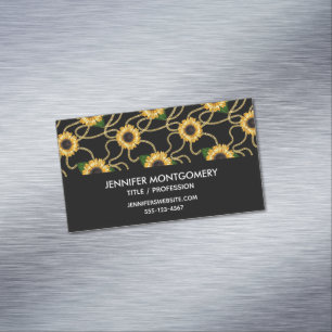 Classy Yellow Sunflowers Stylish Pattern on Black Magnetic Business Card