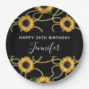 Classy Yellow Sunflowers Stylish Pattern on Black Paper Plate
