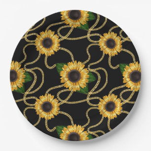 Classy Yellow Sunflowers Stylish Pattern on Black Paper Plate