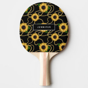 Classy Yellow Sunflowers Stylish Pattern on Black Ping Pong Paddle