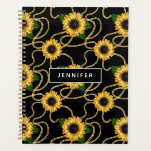 Classy Yellow Sunflowers Stylish Pattern on Black Planner
