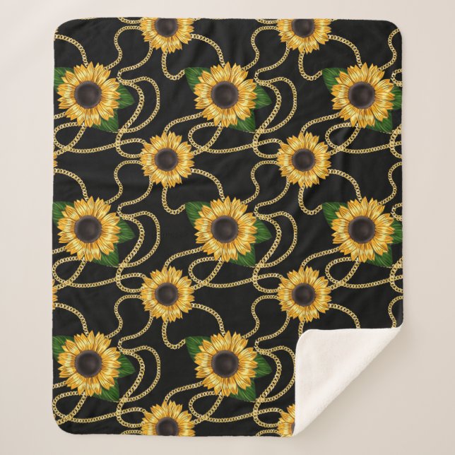 Classy Yellow Sunflowers Stylish Pattern on Black Sherpa Blanket (Front)