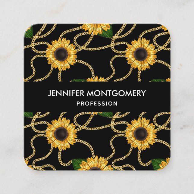Classy Yellow Sunflowers Stylish Pattern on Black Square Business Card (Front)