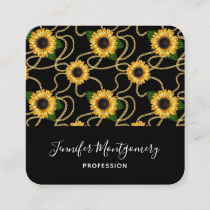 Classy Yellow Sunflowers Stylish Pattern on Black Square Business Card