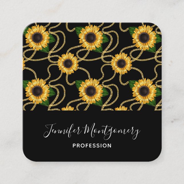 Classy Yellow Sunflowers Stylish Pattern on Black Square Business Card (Front)