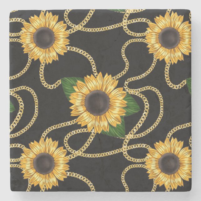 Classy Yellow Sunflowers Stylish Pattern on Black Stone Coaster (Front)