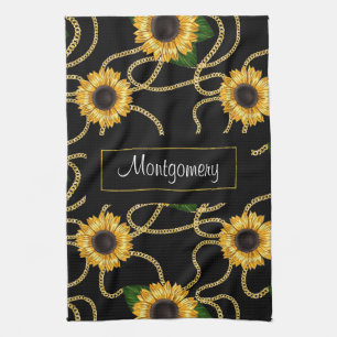 Classy Yellow Sunflowers Stylish Pattern on Black Tea Towel