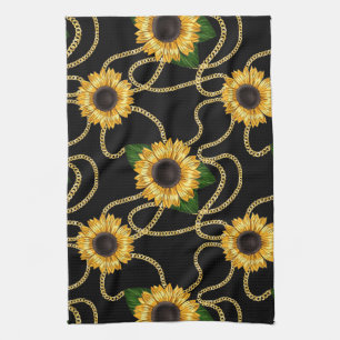 Classy Yellow Sunflowers Stylish Pattern on Black Tea Towel