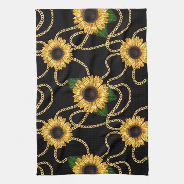 Classy Yellow Sunflowers Stylish Pattern on Black Tea Towel (Vertical)