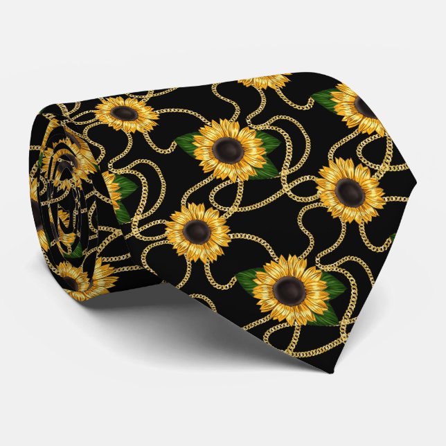 Classy Yellow Sunflowers Stylish Pattern on Black Tie (Rolled)