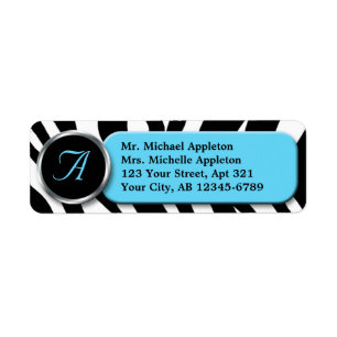 Classy Zebra Print Aqua Monogram Address Labels