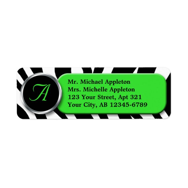 Classy Zebra Print Lime Monogram Address Labels (Front)