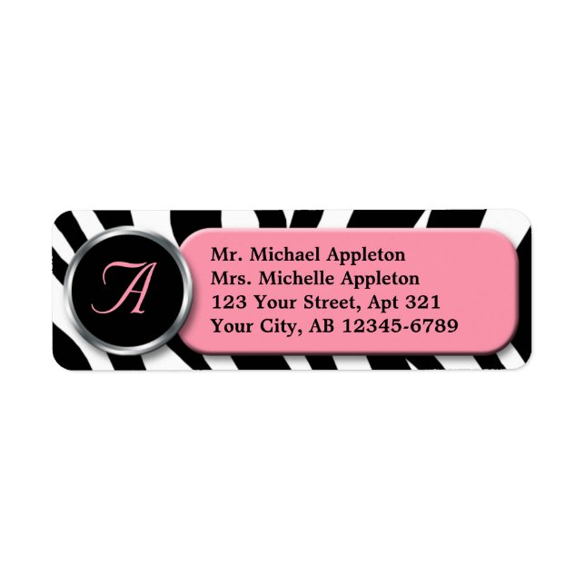 Classy Zebra Print Pink Monogram Address Labels (Front)