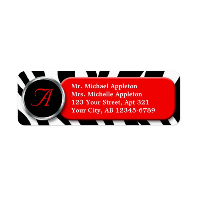 Classy Zebra Print Red Monogram Address Labels (Front)
