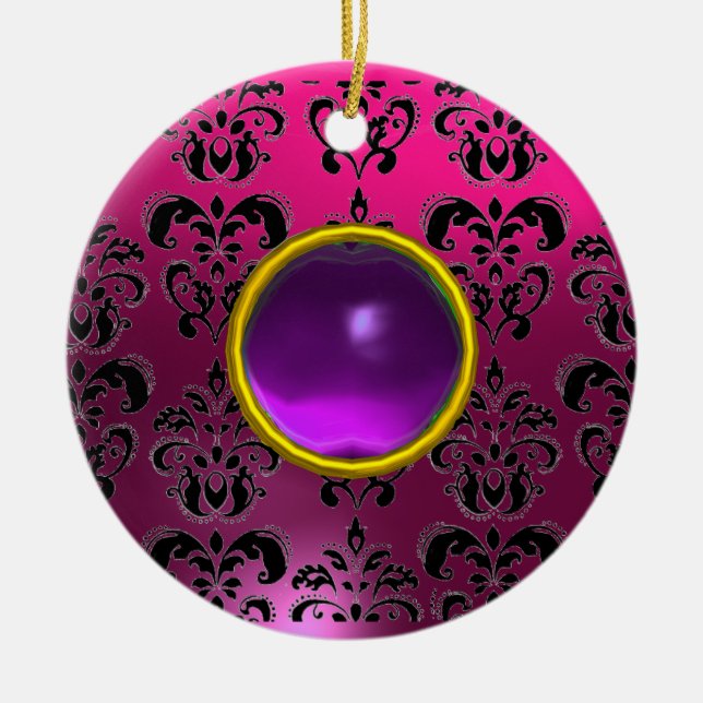 CLASSYBLACK  PINK PURPLE FUCHSIA DAMASK GEM CERAMIC TREE DECORATION (Front)