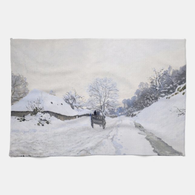 Claude Monet - Cart on the Snowy Road at Honfleur Tea Towel (Horizontal)