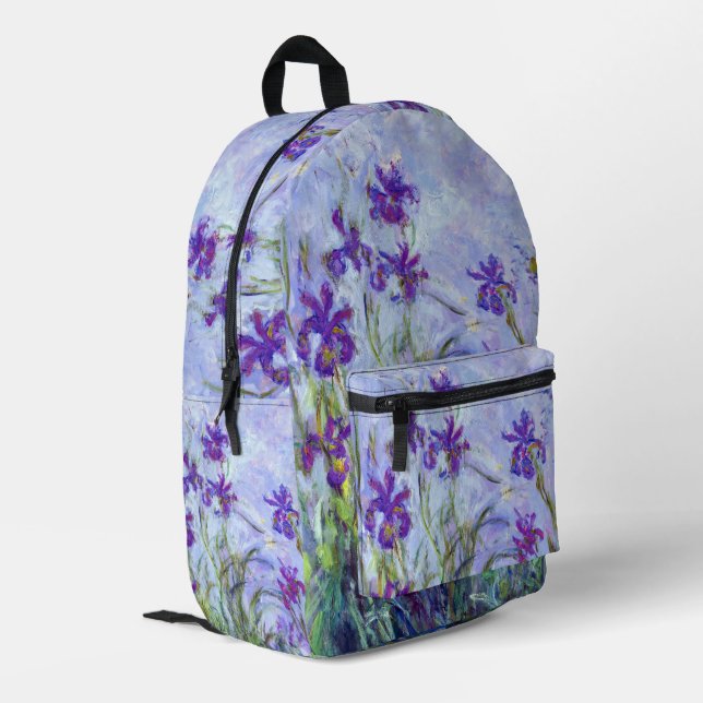 Claude Monet - Lilac Irises / Iris Mauves Printed Backpack (Back Corner Left)
