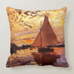 Claude Monet-Sailboat at Le Petit-Gennevilliers Cushion<br><div class="desc">Fine art masterpiece by Claude Monet (1840 - 1926) featuring his famous landscape painting Sailboat at Le Petit-Gennevilliers based on tones of brown, purple and yellow.It makes a great pillow for fans of Impressionism.</div>