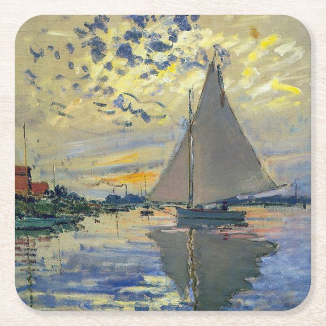 Claude Monet - Sailboat at Le Petit-Gennevilliers Square Paper Coaster (Front)
