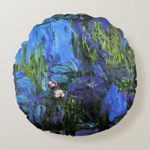 Claude Monet: Water-Lilies, blue indigo Round Cushion