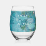 Claude Monet Water Lilies Wedding Stemless Wine Glass<br><div class="desc">Wedding wine glass with personalised names on Claude Monet Water Lilies painting background</div>