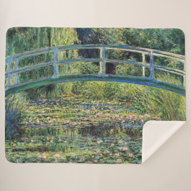 Claude Monet - Water Lily Pond & Japanesese Bridge Sherpa Blanket (Front (Horizontal))