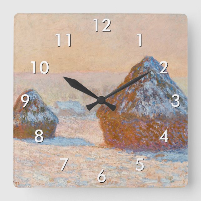 Claude Monet - Wheatstacks, Snow Effect, Morning Square Wall Clock (Front)