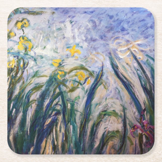 Claude Monet - Yellow and Purple Irises Square Paper Coaster (Front)