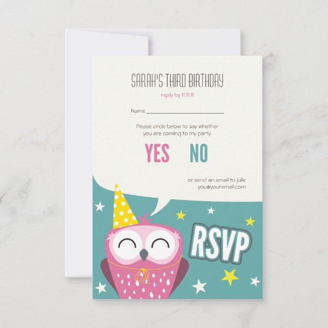 Claudette the Owl Kids Birthday Party RSVP (Front)