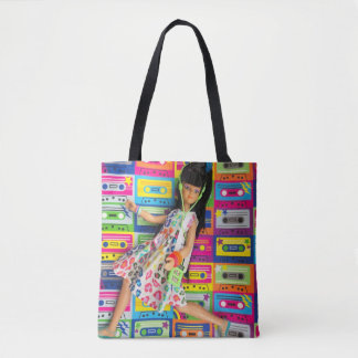 Claudia and her colourful cassettes tote bag