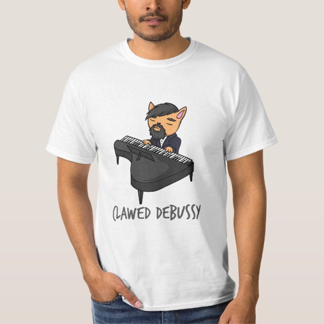 Clawed Debussy Piano Player Cat Pun Fun Gift T-Shirt (Front)