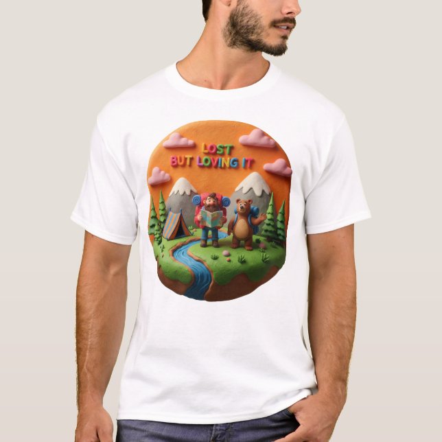 Clay Art “Lost but Loving It” Camping Scene T-Shirt (Front)