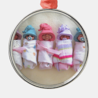 Clay Babies, Elf Hats, Sleeping, Swaddled, Cute Metal Ornament