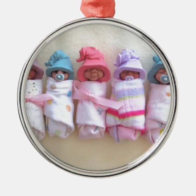 Clay Babies, Elf Hats, Sleeping, Swaddled, Cute Metal Ornament (Front)