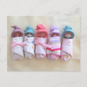 Clay Babies, Elf Hats, Sleeping, Swaddled, Cute Postcard