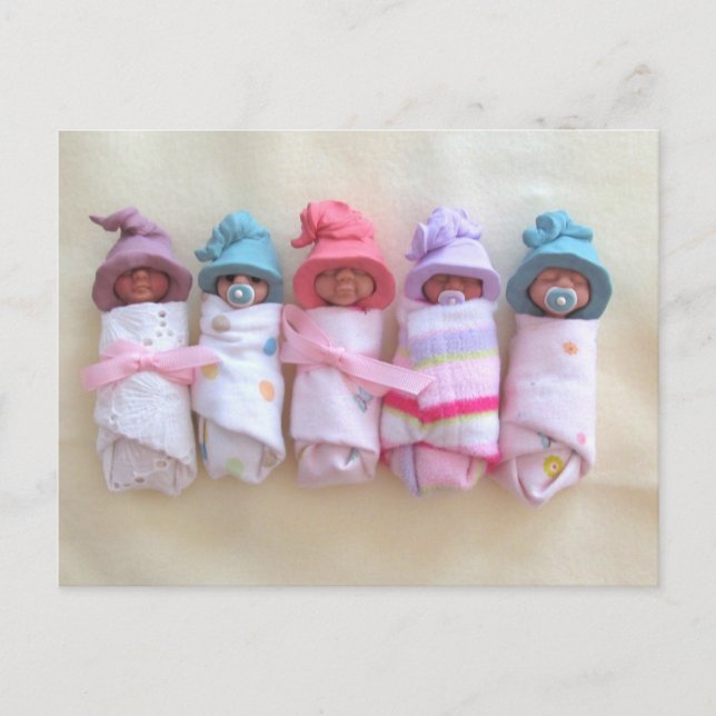 Clay Babies, Elf Hats, Sleeping, Swaddled, Cute Postcard (Front)