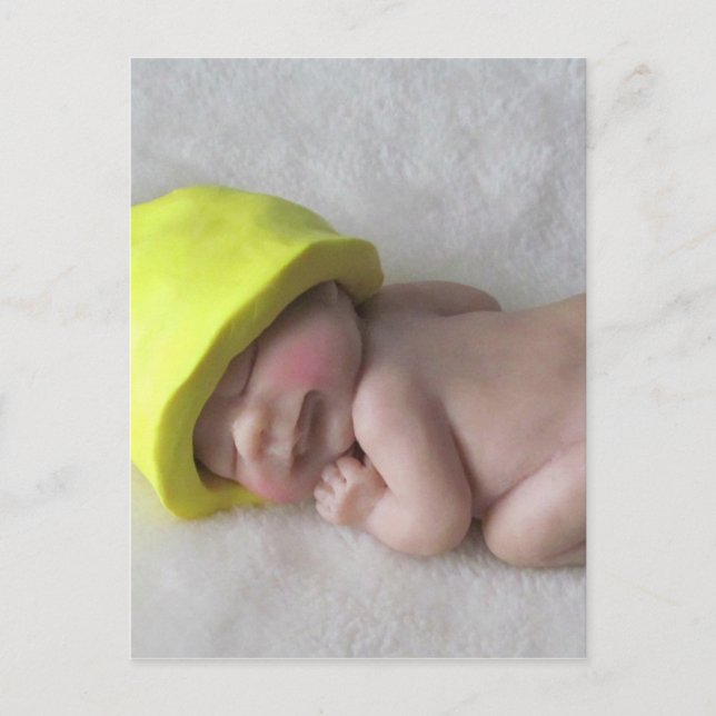 Clay Baby Sleeping on Tummy, Elf Hat, Sculpture Postcard (Front)