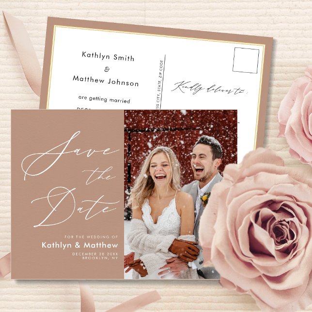 Clay Elegant Script Modern Photo Save The Date Announcement Postcard (Creator Uploaded)