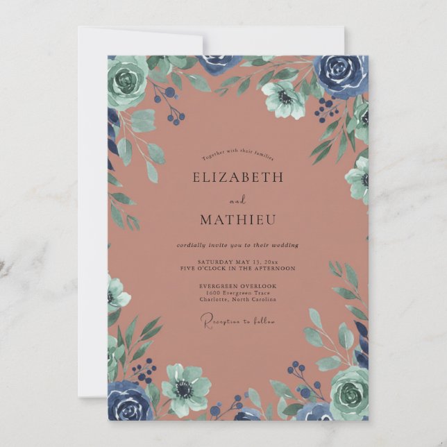 Clay Indigo Leafy Wedding Invitation (Front)