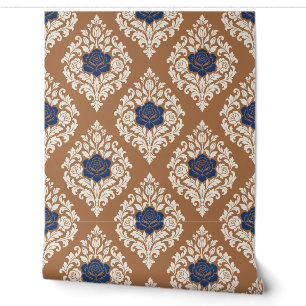 Clay, Ivory and Lapis Victorian Damask Wallpaper